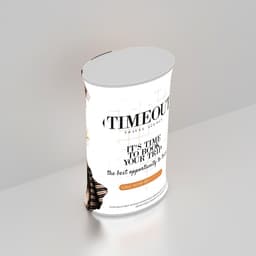 A backlit oval display with a white base, featuring promotional text and a logo, suitable for exhibitions and events.