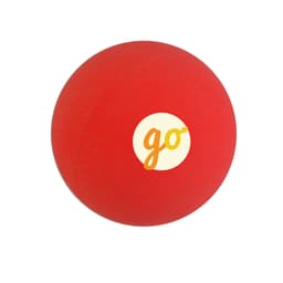 A bright red bouncy ball featuring a circular logo with "go" in the centre.
