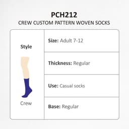 Crew custom pattern woven socks in navy blue, featuring a logo and designed for adults sizes 7-12 with regular thickness.