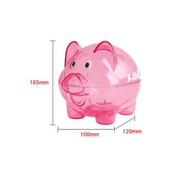 A pink piggy bank with a transparent body and cartoonish eyes, featuring a logo. Measures 105mm in height and 120mm in width.
