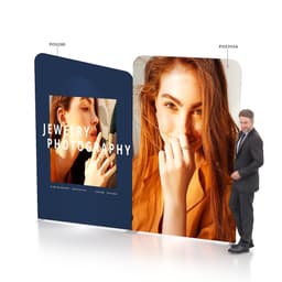 A straight tension fabric display wall featuring two large images, predominantly in navy blue, with a logo present.