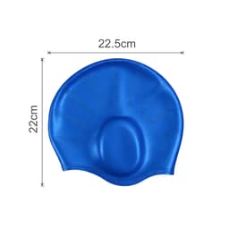 A blue swimming cap with earmuffs, featuring a rounded design and textured patterns. Measures approximately 22.5cm by 22cm.