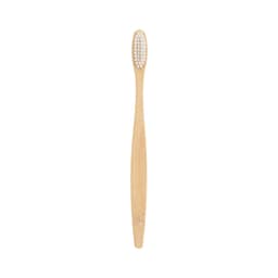 A large bamboo toothbrush with a wooden handle and white bristles. It features a simple design and includes a logo.