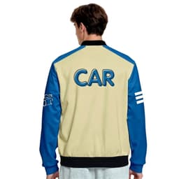 A unisex varsity jacket in cream and blue with a logo on the sleeve and text on the back.