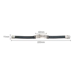 An engraved leather bracelet featuring a black strap with blue stitching and a silver clasp. Dimensions included.