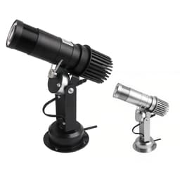 A black and silver LED logo projector light in two sizes, featuring adjustable mounting bases.