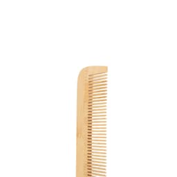 A fine-tooth bamboo comb with a light brown finish, featuring evenly spaced teeth and a curved edge, has a branding logo.