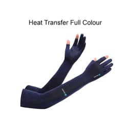 Long sleeve navy sun protective gloves with two open fingers, featuring a logo.