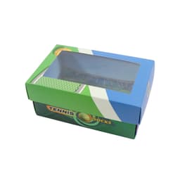 A custom gift box in blue and green with a windowed removable lid featuring a logo and containing tennis socks.