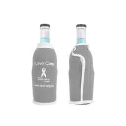 A drink bottle cooler in grey with a white accent and a logo, designed to fit standard bottles.