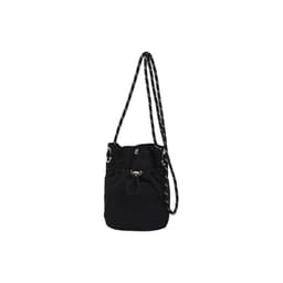 A black lightweight shoulder phone bag with a drawstring closure and a braided strap. It features a small logo.