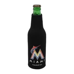A drink bottle is wrapped in a black zippered cooler with a logo featuring multicoloured graphics.