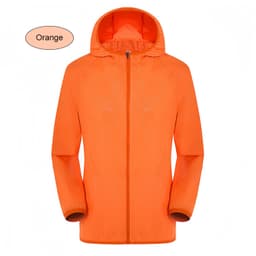 An orange unisex jacket made of 100% polyester, featuring a hood and sun protection, with branding present.