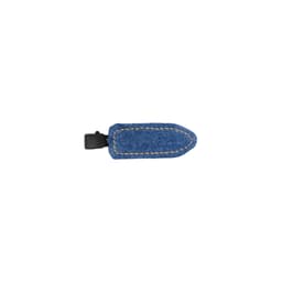 A denim hair clip in a blue hue with a stitched design and a black clasp. It features a branding logo.