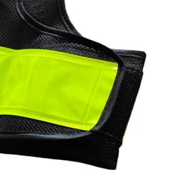 A close-up of a V-Shape hi-vis reflective safety vest in yellow and black with an adjustable feature and a pocket.