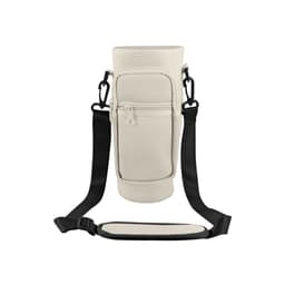 A drink bottle carrier bag in white with a black adjustable strap and a zippered pocket for a phone.