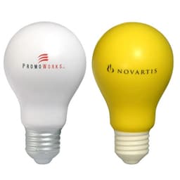 A bulb-shaped stress reliever in white and yellow, featuring two logos on either side.