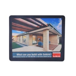 A mouse mat featuring a colourful image of a house with a covered patio and a logo in one corner.