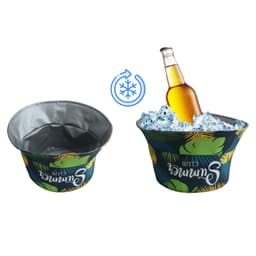 An insulated ice bucket in green and blue, featuring tropical leaf patterns, holding a drink bottle surrounded by ice.