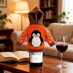A drink bottle covered with a customisable orange knitted cover featuring a penguin design, placed on a table with a glass of red wine.