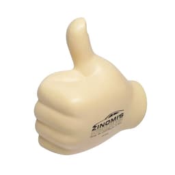 A cream-coloured thumb-shaped stress reliever with a logo on it, featuring a three-dimensional design.