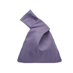 A purple cotton wrist bag with a unique folded design and a single handle. It features a logo on the body.