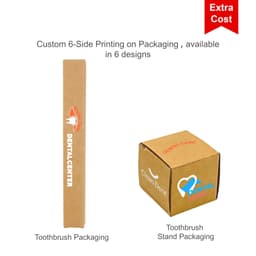 Two cardboard packaging designs for toothbrushes, featuring various printed elements in a neutral colour scheme.