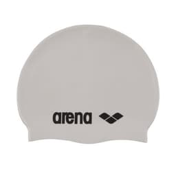 A white swimming cap featuring a logo in black, designed for water sports.