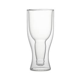 A drink bottle made of clear glass with a double wall design and a sturdy base. It features a logo.