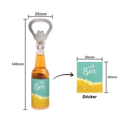 A drink bottle-shaped opener in silver with an orange liquid design, featuring a branding sticker.