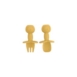 Bear Training Silicone Kids Cutlery in yellow featuring a fork and spoon with bear-shaped handles.