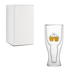 A drink bottle made of clear glass with a double wall design, featuring an illustration of two beer mugs.