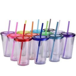 A collection of 16oz plastic cups with lids and straws in various colours, featuring a logo on each cup.