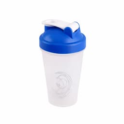 A drink bottle with a transparent body and a blue lid, featuring a logo on the side.