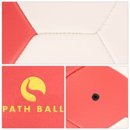 A machine-stitched handball in white and red with a logo and a black valve.