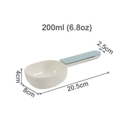 A 2 in 1 pet food scoop in beige and light blue, with measurements displayed alongside it. 