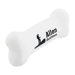 A white bone-shaped stress reliever with a logo, designed for fun and stress relief.