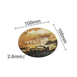 A round, yellow frosted metal coaster with an abstract design, measuring 100mm in diameter and 2.6mm thick.