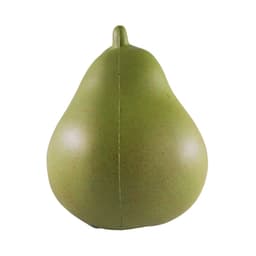 A green pear-shaped stress reliever with a smooth surface and a slight sheen, featuring a central seam.