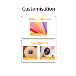 A selection of colour options and eye styles for a custom plush toy, featuring vibrant hues and unique eye designs.