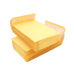 A stack of small padded bubble envelopes in yellow, featuring peel-and-seal closures and a branding logo.