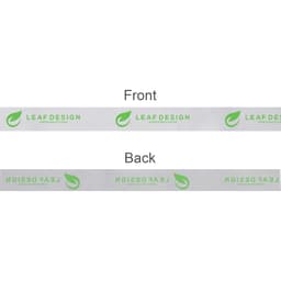 Satin polyester ribbon in grey, featuring a logo in green on both sides.