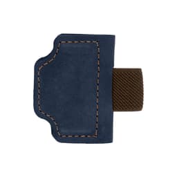 A navy blue magnetic bookmark with a pen clip, featuring brown stitching and a textured material.