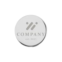 A silver 25mm golf ball marker featuring a simple design and a logo.