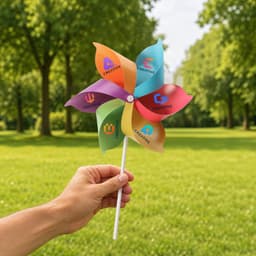 A hand holds a colourful six-leaf pinwheel with various designs, set against a green park backdrop.