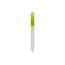 A green and clear crystal glass nail file with a smooth surface and pointed tip, featuring a branding logo.