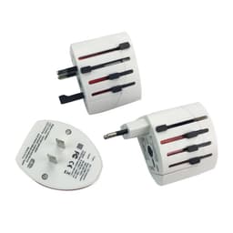 A white travel adapter with multiple plug options and a USB port, featuring a logo on the surface.
