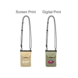 A minimalist crossbody phone bag in tan and olive green, with adjustable straps and branding on the front.