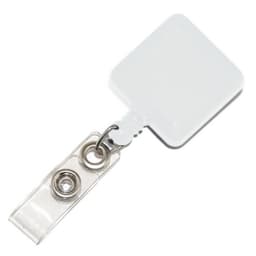 A square white retractable card holder with a clip and a metal attachment.