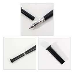 A black plastic pen shaped like a baseball bat, featuring a silver band near the tip and a logo on the side.